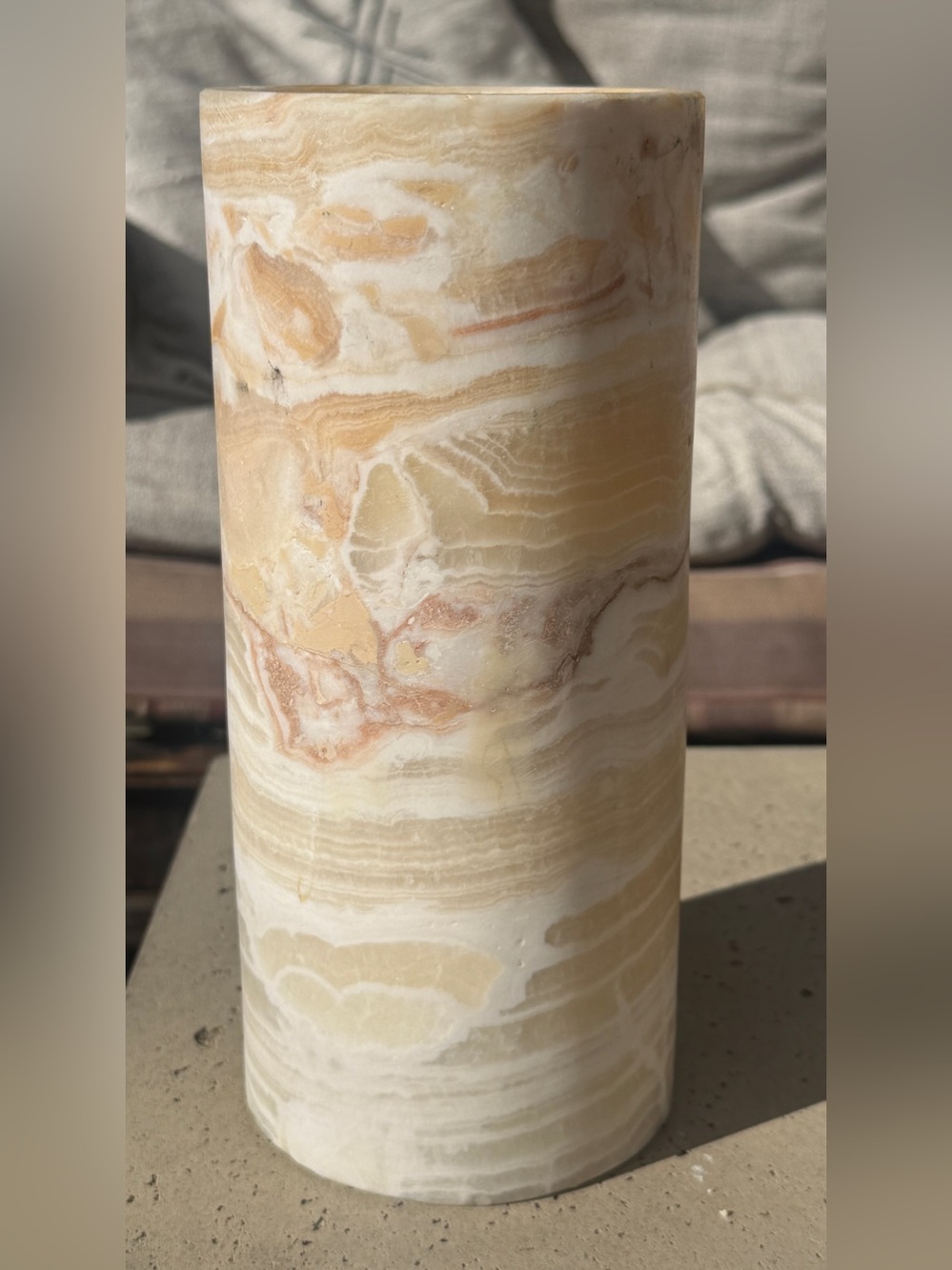 Hand Carved NATURAL STRIPED ALABASTER ONYX STONE Egyptian Candle Holder CYLINDER - Picture 1 of 6
